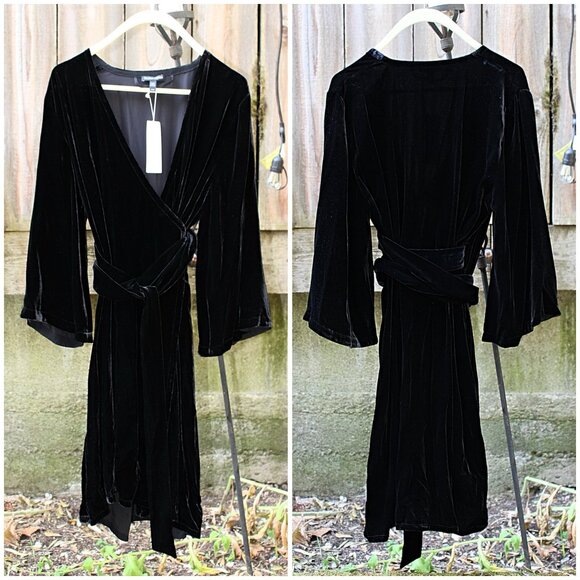 New w/Tags Eileen Fisher - Velvet Wrap Dress w/Bell Sleeves, Black, Medium - Picture 1 of 12